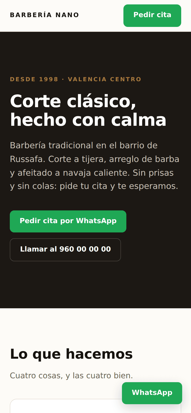 Ejemplo de web hecha por Rebix vista en móvil: Barbería Nano